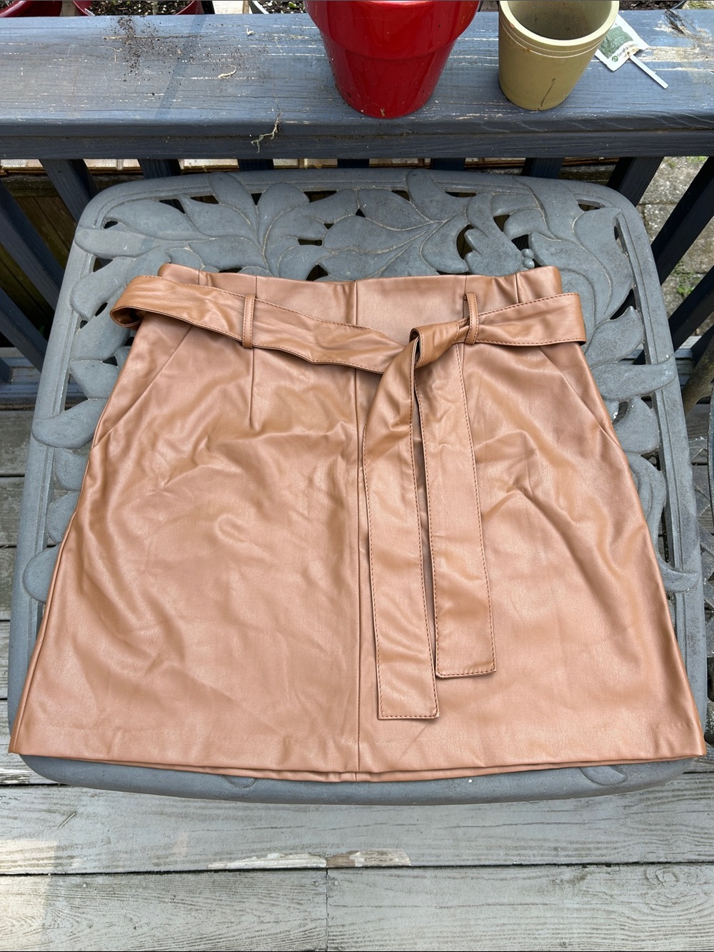 Banana Republic Tan Faux Leather Paperbag Belted Mini Skirt